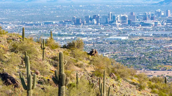 Hill with cactuses on the foreground, and cityscape in the background