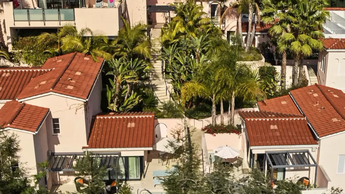 An aerial shot of red tiled roofs at the Hotel Bel-Air.