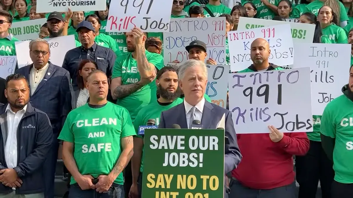 AHLA Interim President and CEO Kevin Carey spoke on the steps of New York City Hall, condemning a proposed licensing bill.