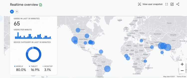 #A map of real-time website visitor locations in GA4