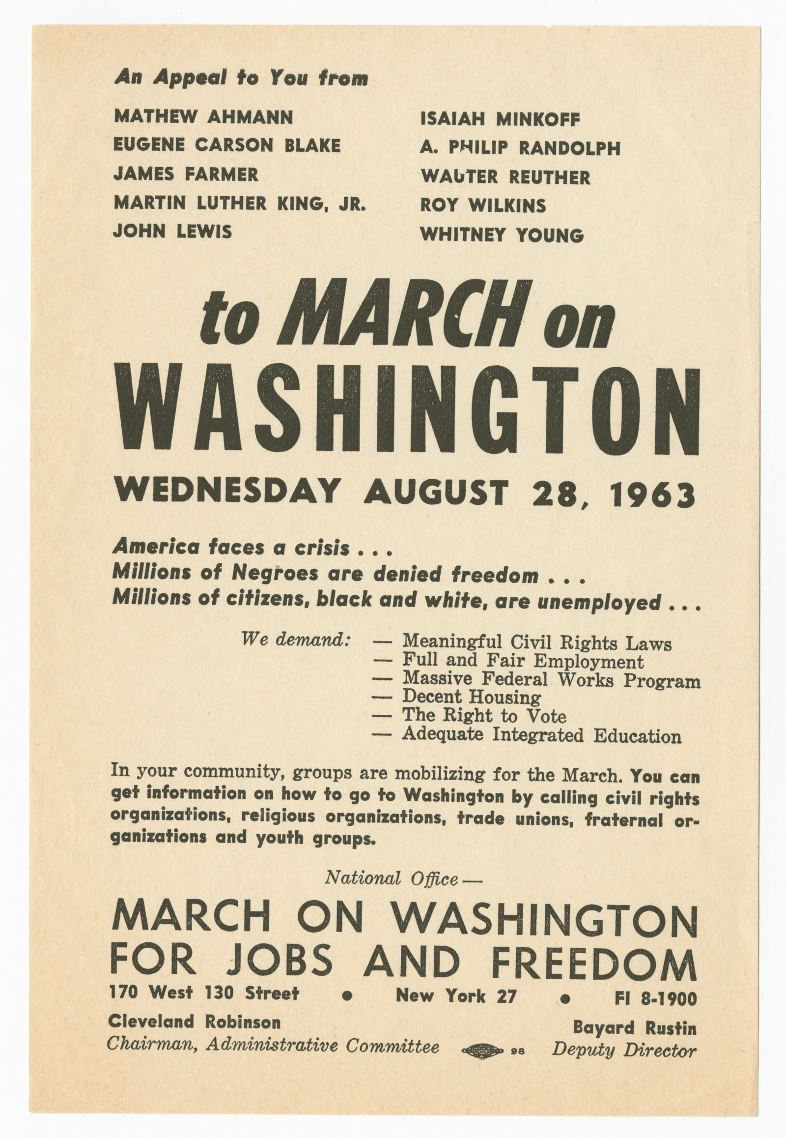 A flier promoting the March on Washington for Jobs and Freedom, produced by the march&#x27;s National Office.