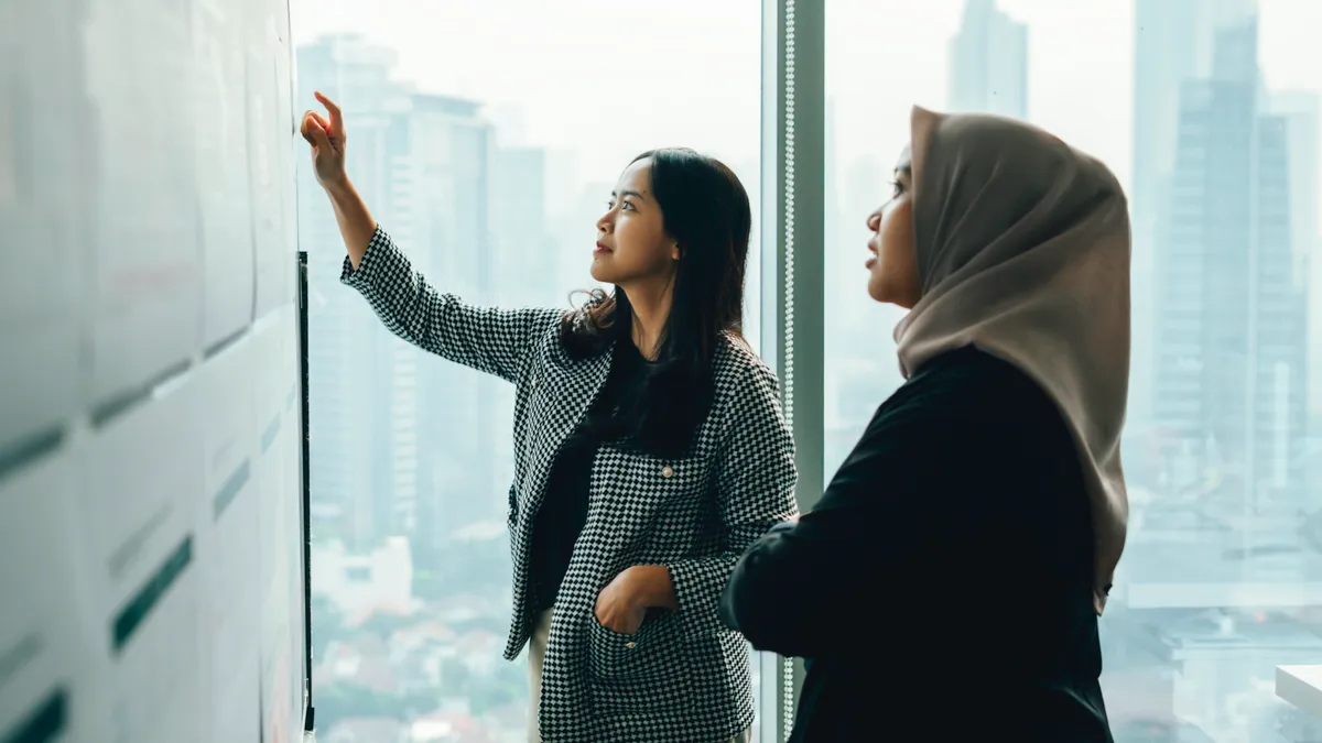 Asian women working and discussing using a whiteboard