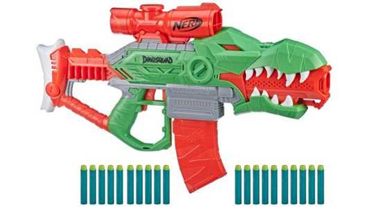 Giocattolo Nerf DinoSquad - Rex-Rampage blaster motorizzato con caricatore da 10 dardi, supporto per 10 dardi e design a forma di T-Rex Hasbro