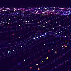 Thin purple wavy lines with small, brightly coloured dots, all against a dark background, representing data flows. Image by SkillUp via Shutterstock.