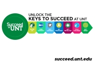 The logo for Succeed at UNT involves seven keys to success