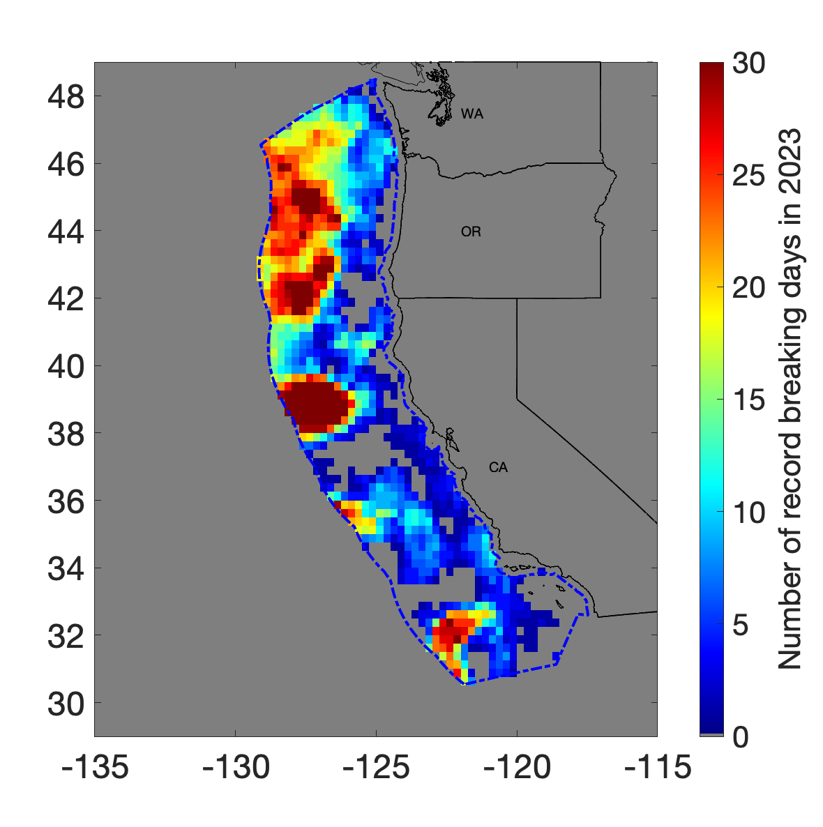 Location of record sea surface temperature records in 2023