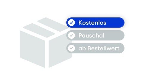 Ein graues Paket, neben dem die Texte “kostenlos”, “pauschal” und “ab Bestellwert” stehen.