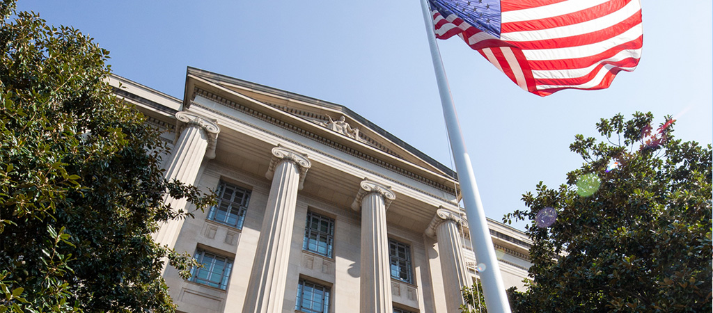 DOJ Main building with flag