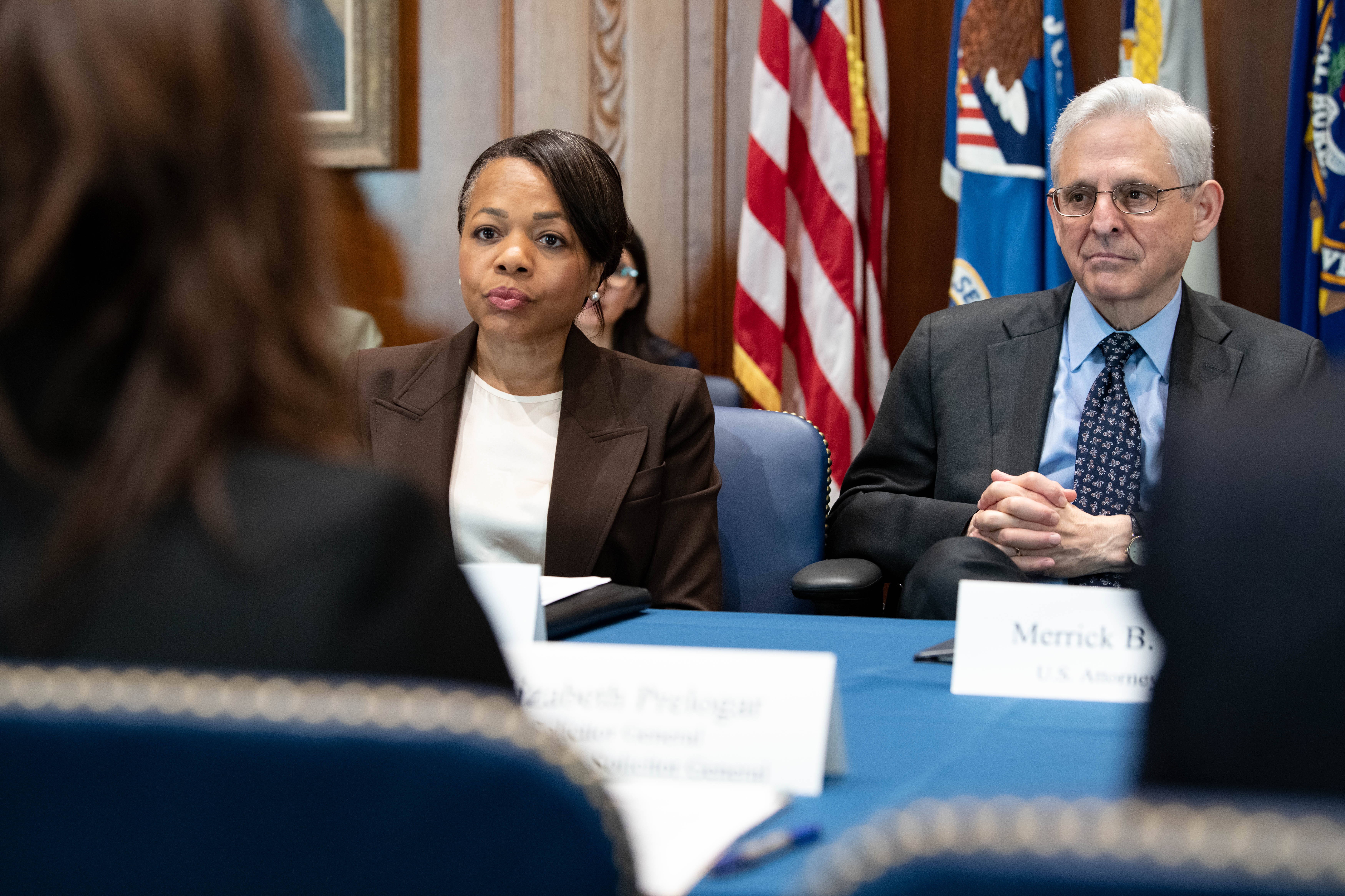 Attorney General Garland and Acting Associate Attorney General Mizer being briefing by Solicitor General Elizabeth Prelogar