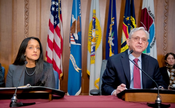 Attorney General Merrick B. Garland delivers remarks at a Reproductive Rights Task Force meeting. To the left is Associate Attorney General Vanita Gupta.