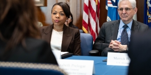 Attorney General Garland and Acting Associate Attorney General Mizer being briefing by Solicitor General Elizabeth Prelogar