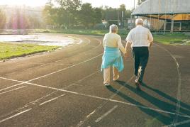 Two seniors taking a walk together