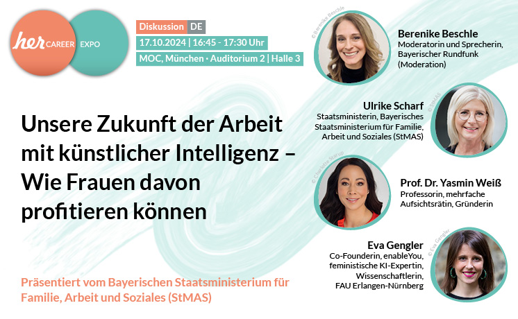 Veranstaltungshinweis zur herCAREER Diskussionsrunde "Unsere Zukunft der Arbeit mit künstlicher Intelligenz" mit Portraitfotos von vier Referentinnen. 