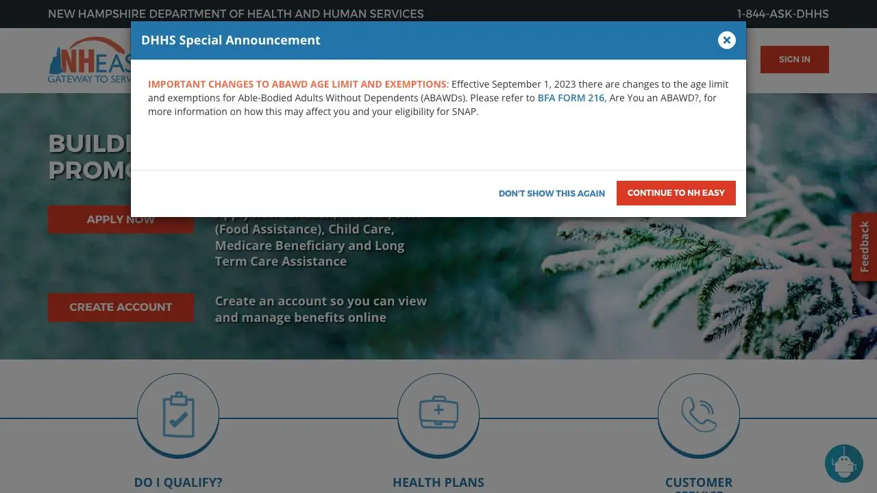 Screenshot of New Hampshire Dept of Health and Human Services