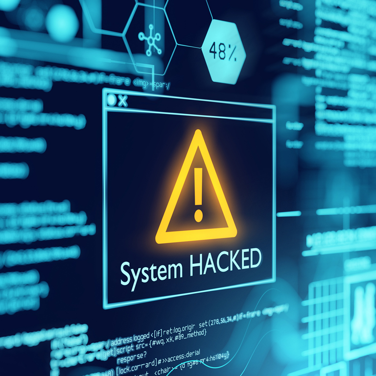 A computer popup box screen warning of a system being hacked, compromised software environment. 3D illustration.