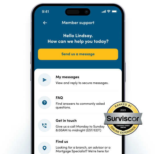 Meridian mobile app open on a phone and an award medal that says Ranked #1 in online experience for Canadian credit unions by Surviscor, 2023.