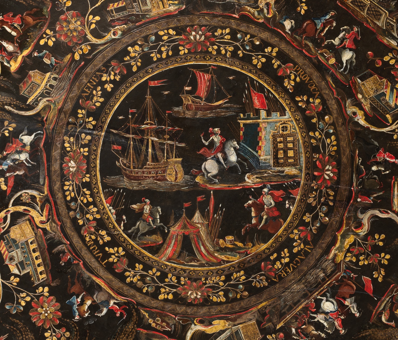 This is a round medallion featuring an episode from Virgil’s Aeneid using an ornate lacquer technique.