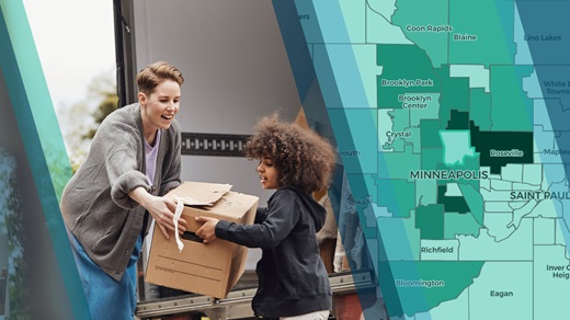 Photo of a mother and child unloading a moving truck on the left with an image of the data tool on the right