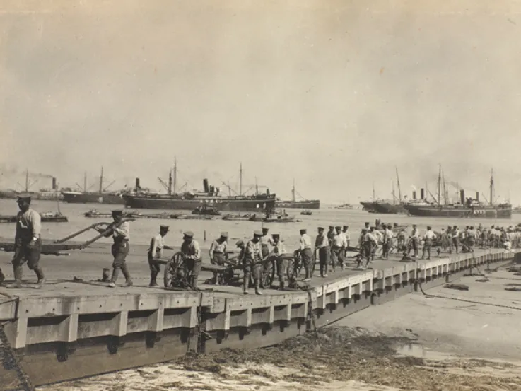 Landing troops from transports at Lao Shan Bay, September 1914