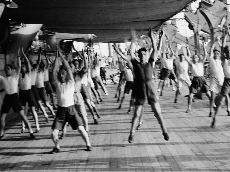 3rd County of London Yeomanry (Sharpshooters) keeping fit on board HMT 'Orion' en route to Egypt, 1941