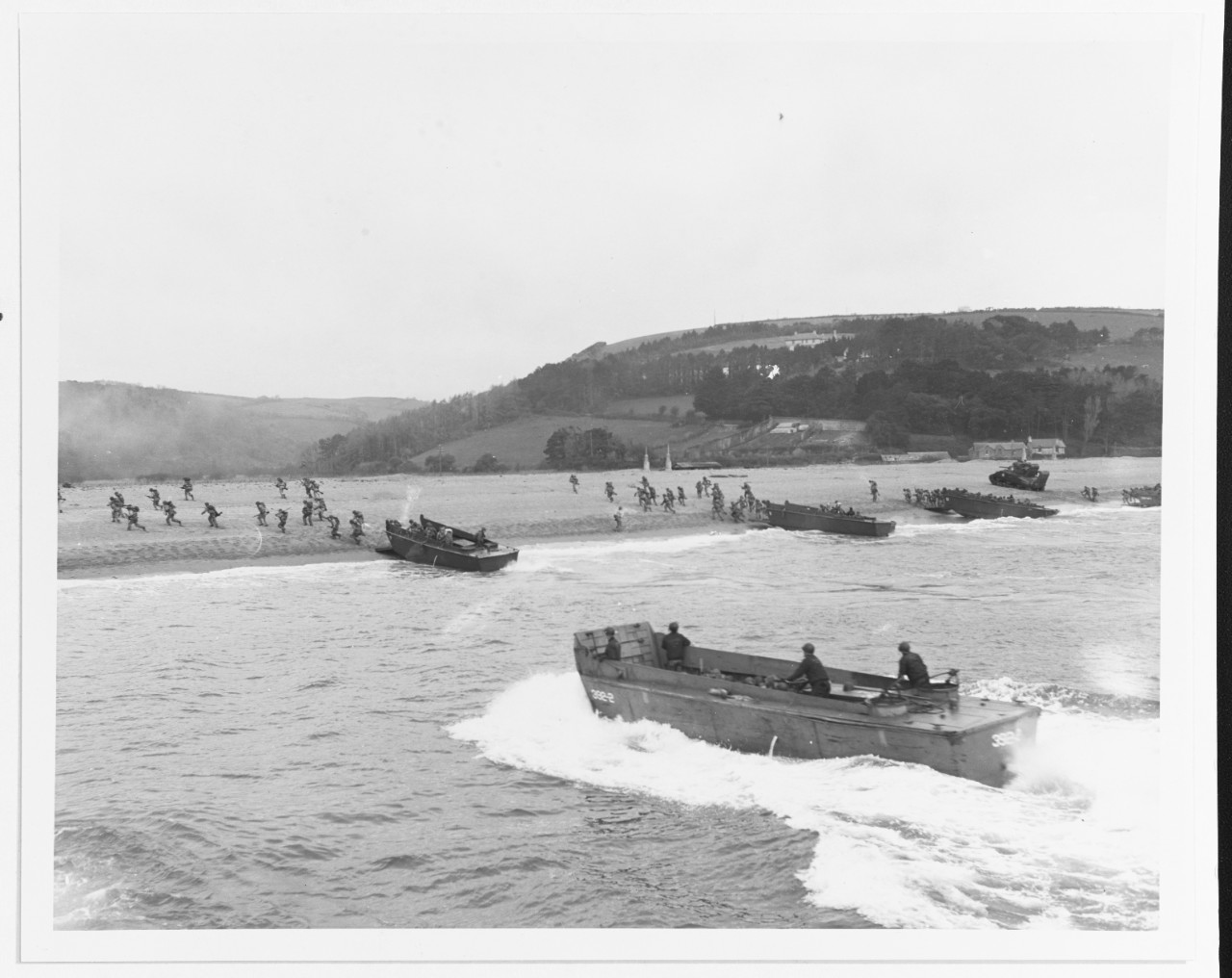 LCVPs landing troops during invasion practice at Slapton Sands, England, in 1944