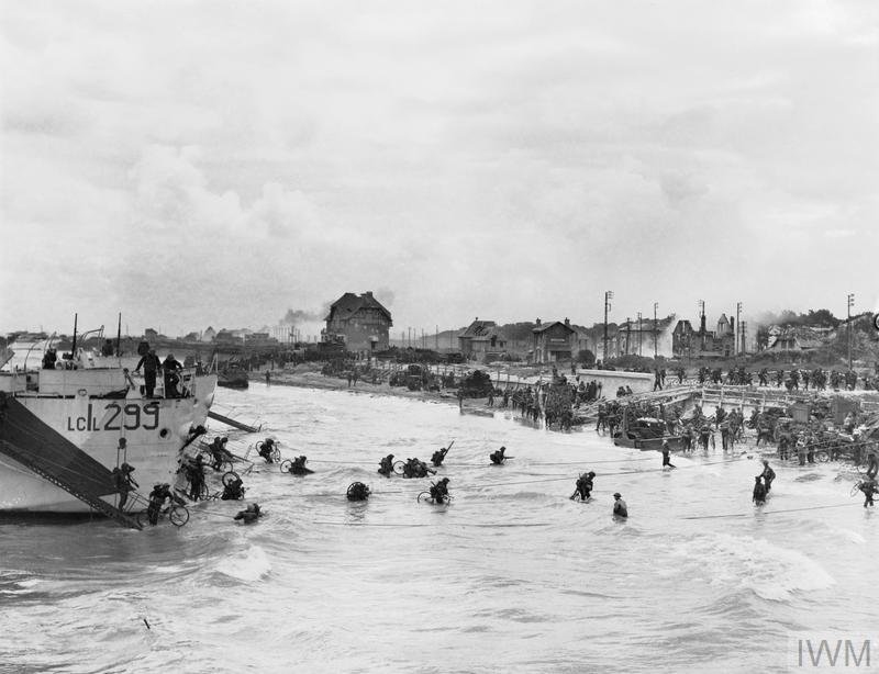  Canadian Infantry Brigade disembarking with bicycles from LCI(L)s