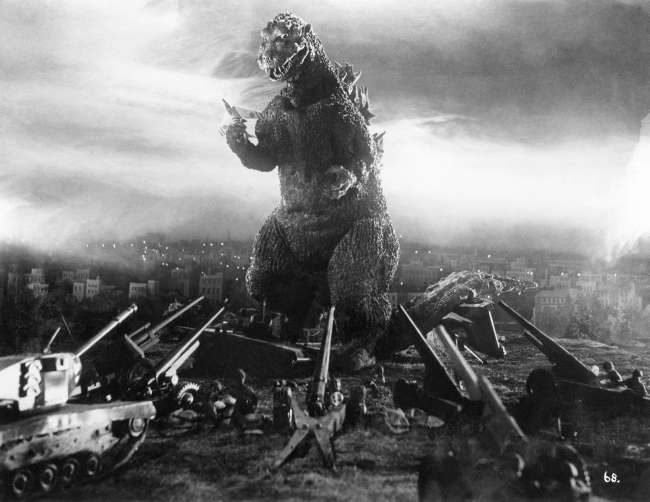 Production still of either Haruo Nakajima or Katsumi Tezuka portraying Godzilla via suitmation in Godzilla (1954