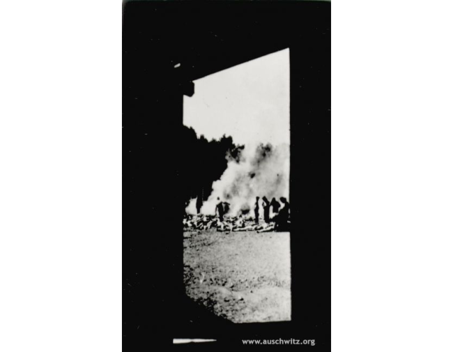 An image taken by Sonderkommando members in 1944 showing the burning of bodies outside the gas chamber.