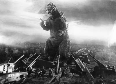 Production still of either Haruo Nakajima or Katsumi Tezuka portraying Godzilla via suitmation in Godzilla (1954