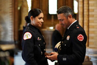 Stella Kidd (Miranda Rae Mayo) and Kelly Severide (Taylor Kinney) appear in Season 7 Episode 7 of Chicago Fire.