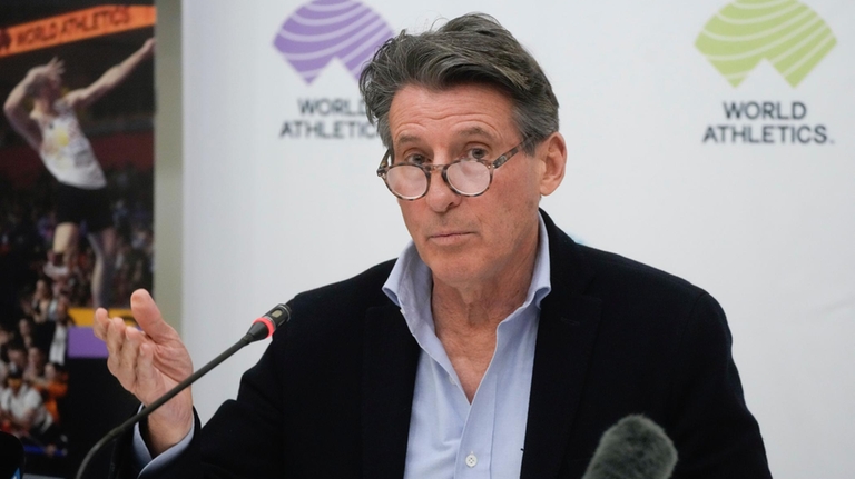 World Athletics President Sebastian Coe holds a press conference at...