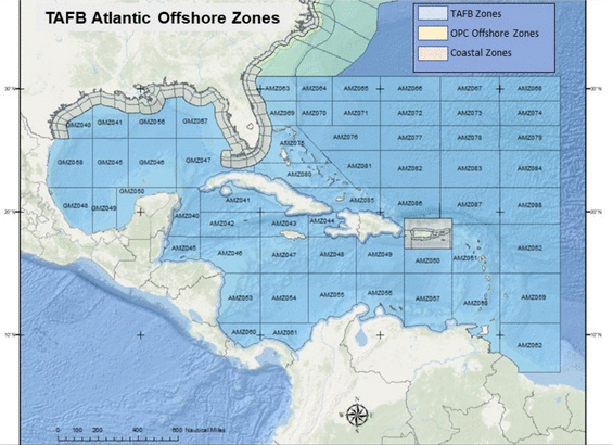 [map of Offshore Zones Forecast areas of responsibility]