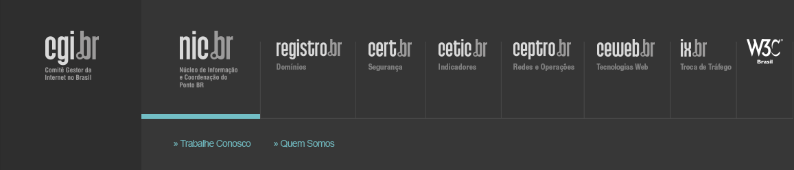 Logos do CGI.br, NIC.br, Registro.br, Cert.br, Ceptro.br, Cetic.br e W3C