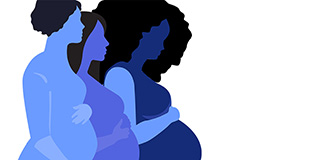 Illustrated silhouettes of three pregnant people. Connecting the Community for Maternal Health Challenge. Logo of the Eunice Kennedy Shriver National Institute of Child Health and Human Development.