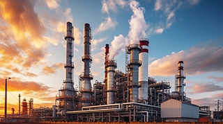 Petrochemical plant with blue sky and clouds - industrial background