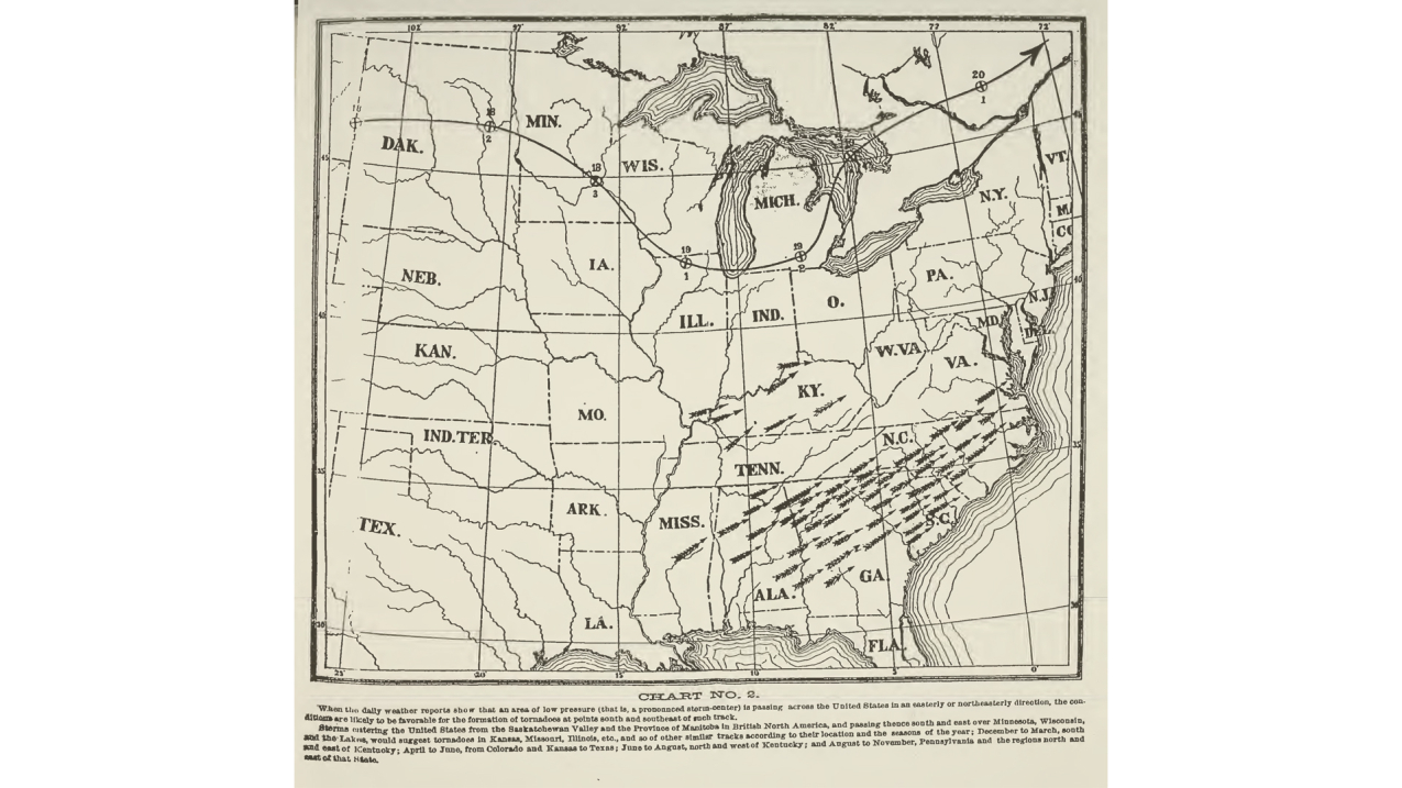 A map from John P. Finley’s booklet, “Tornadoes. What they are and how to observe them; with practical suggestions for the protection of life and property.” showing the path of the Enigma outbreak of tornadoes on February 19, 1884. The path winds through the Northern states of the U.S.