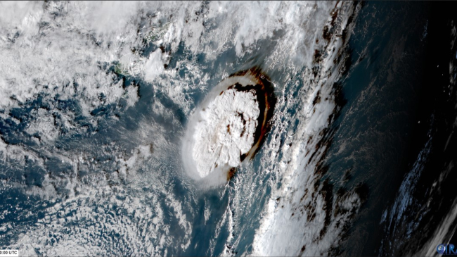 Satellite imagery of the Tonga-Hunga Ha’apai volcano in the South Pacific Ocean on January 15, 2022.