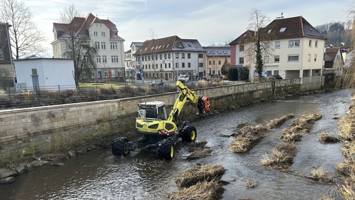 Einsatz im Wasser: Was der Monster-Bagger in der Kronach macht