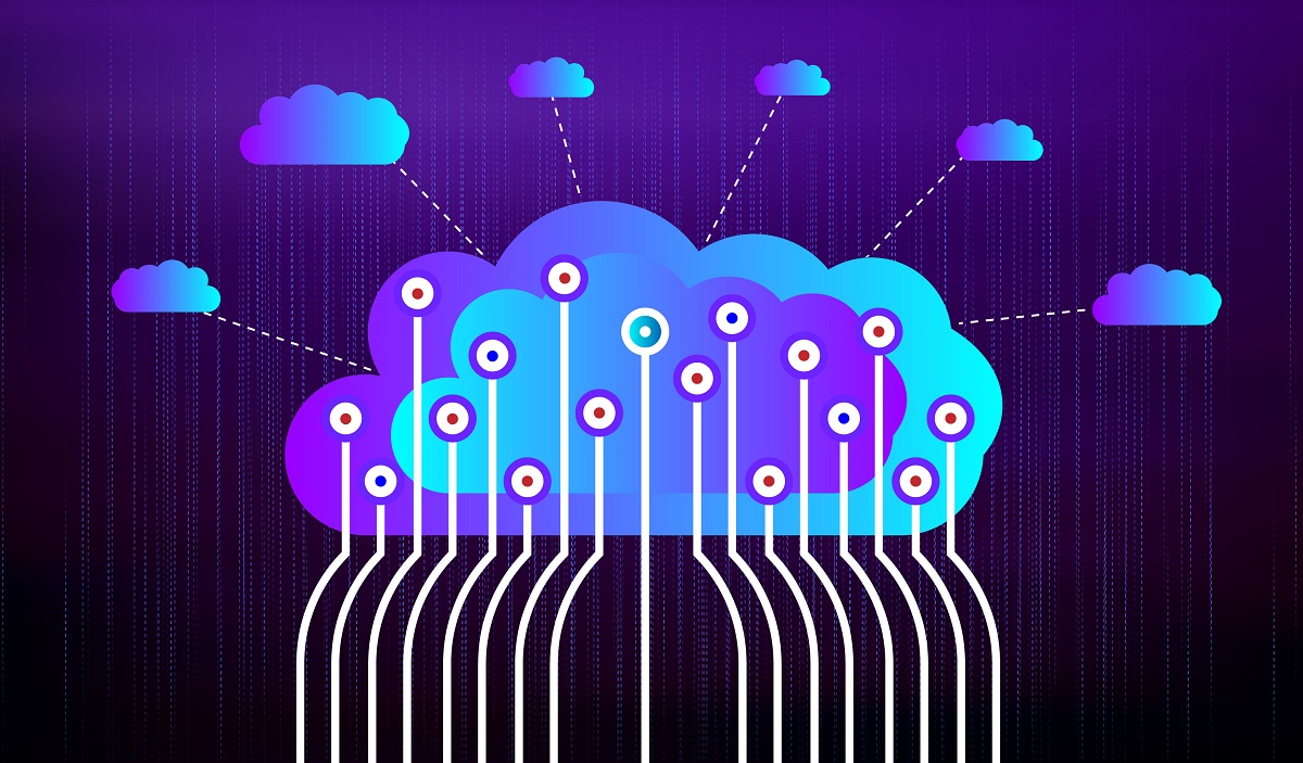 Cloud technology network with white connections and server locations on dark blue background