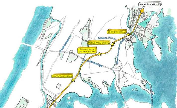 Illustration of a map of the Bronx with stars over four areas.