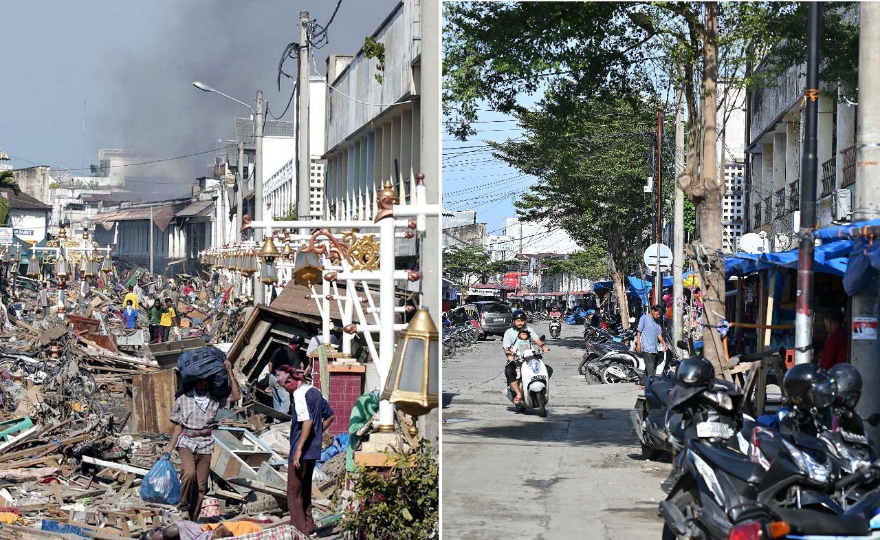 Vista de uma rua em Banda Aceh, em 29 de dezembro de 2004, após o tsunami, e a mesma via em 25 de dezembro deste ano