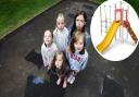 Bottom centre: Meredith Coleman Left to right: Eadie Coleman, Ailith Coleman, Isabelle Pettitt and Molly Copcutt in July 2024 (Inset: The new play equipment for the park)