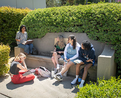 four students and their professor sit outside to have class