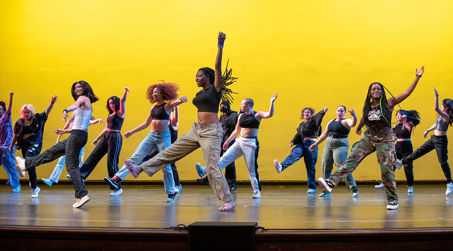 Students dancing on stage in Thorne Hall for Dance Pro 2023