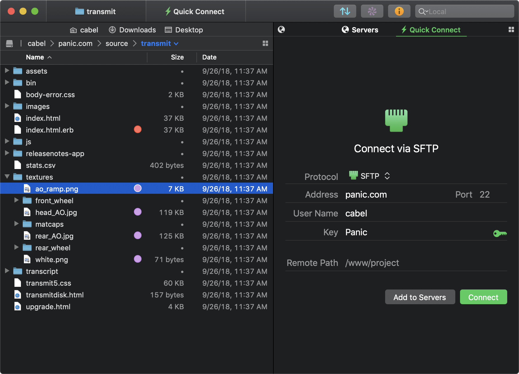 Screenshot showing the two-pane file viewer in Transmit 5