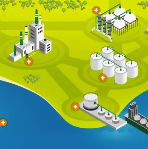 Infográfico com ilustrações de algumas operações da Petrobras, como refinarias e terminais logísticos.