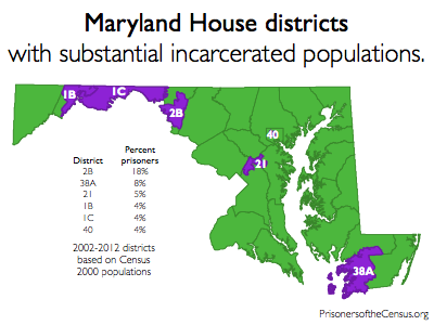 map showing Maryland house districts that contain the largest prison populations