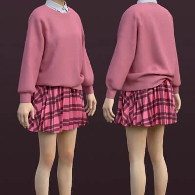 Plaid Pleated Mini Skirt and Sweater Cardigan School Uniform 3D Model