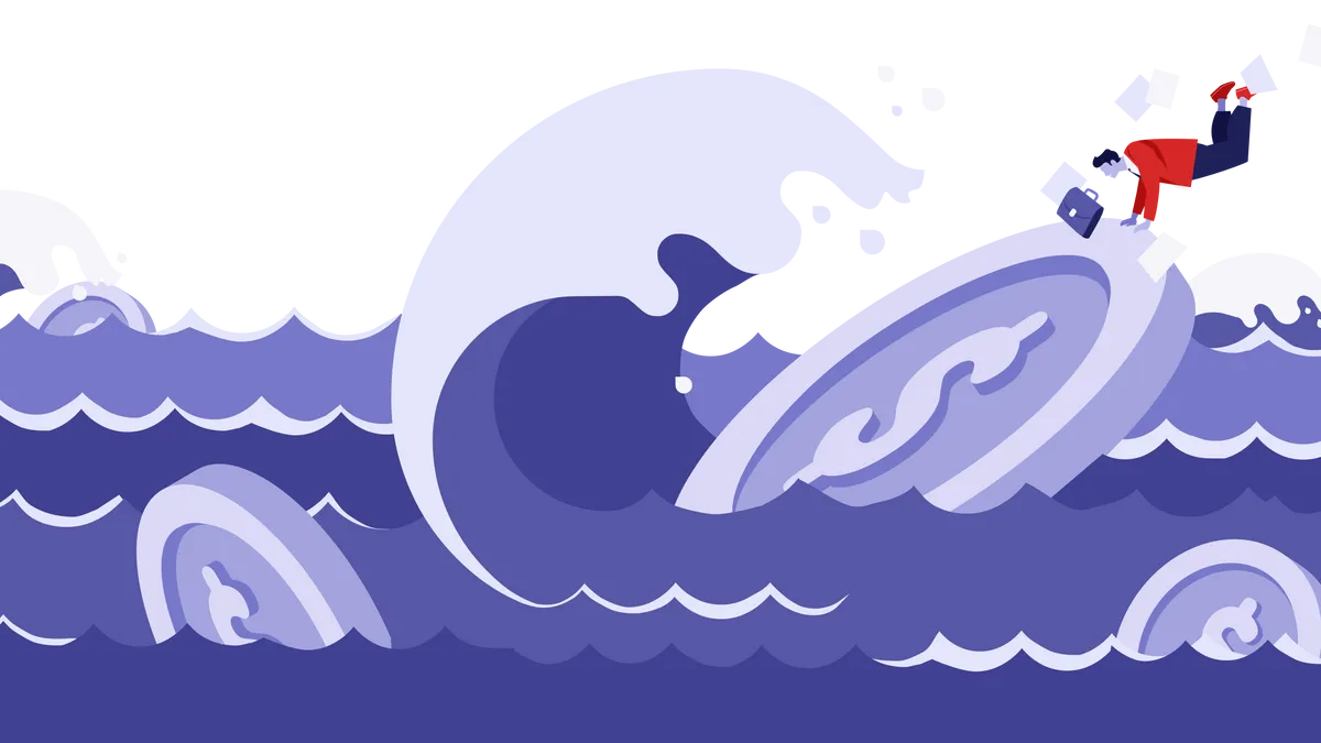 An illustration of a person hanging onto a coin in rough seas.