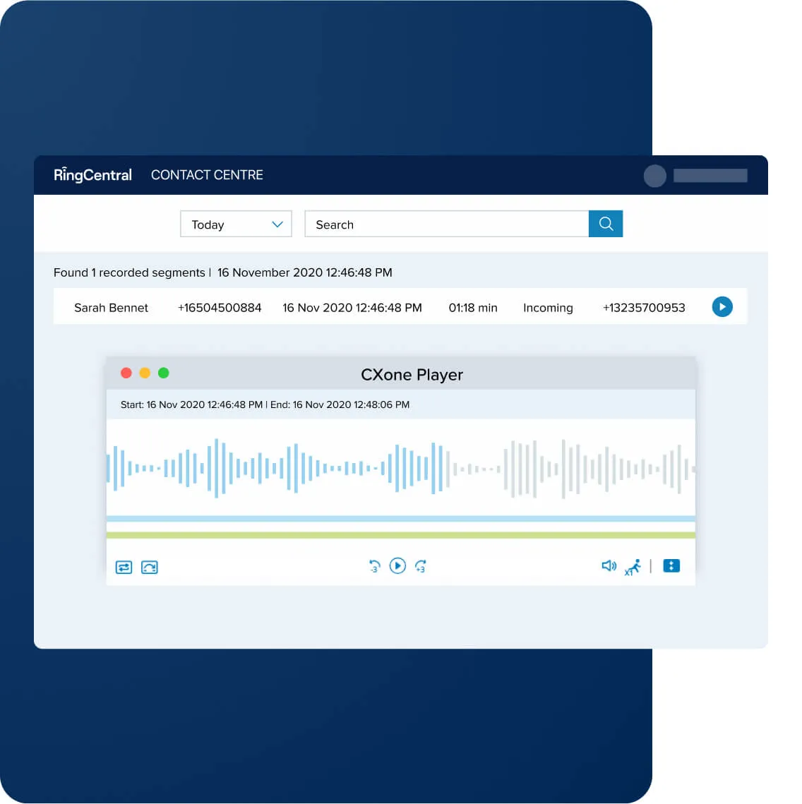 RingCentral Contact Center interface showing a saved call recording clip being played